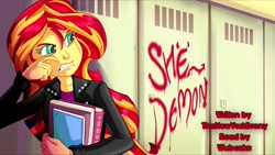 Size: 1280x720 | Tagged: safe, artist:jowyb, edit, sunset shimmer, equestria girls, abuse, angry, book, bully, bullying, crying, female, hazing, she demon, shimmerbuse, upscaled, wardrobe, wrong aspect ratio