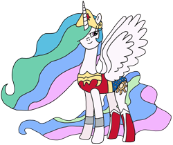 Size: 2219x1866 | Tagged: safe, artist:supahdonarudo, princess celestia, pony, boots, clothes, cosplay, costume, digital art, female, mare, simple background, solo, superhero celestia, transparent background, vector, wonder woman