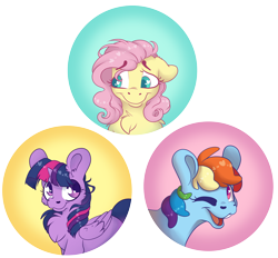 Size: 5318x4938 | Tagged: safe, artist:cutepencilcase, derpibooru import, fluttershy, rainbow dash, twilight sparkle, twilight sparkle (alicorn), alicorn, pegasus, pony, bucktooth, bust, chest fluff, heart eyes, looking at you, looking away, one eye closed, portrait, simple background, smiling, transparent background, trio, wingding eyes, wink