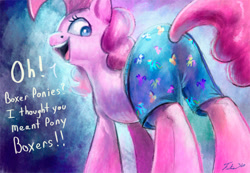Size: 1200x830 | Tagged: safe, artist:tsitra360, pinkie pie, earth pony, pony, 30 minute art challenge, airbrush, boxers, clothes, looking back, my little art challenge, open mouth, signature, solo, talking, text, underwear