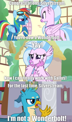 Size: 1280x2160 | Tagged: safe, derpibooru import, edit, edited screencap, screencap, gallus, rainbow dash, silverstream, griffon, hippogriff, pegasus, pony, uprooted, caption, clothes, comic, female, gallstream, image macro, male, screencap comic, shipping, straight, text, uniform, wonderbolts, wonderbolts uniform