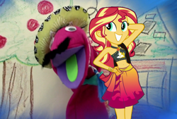 Size: 1028x694 | Tagged: safe, artist:keronianniroro, edit, edited screencap, screencap, señor huevos, sunset shimmer, better together, equestria girls, forgotten friendship, make new friends but keep discord, apple, bikini, bikini top, clothes, crack shipping, facial hair, food, hat, house, midriff, moustache, open mouth, puppet, shipping, swimsuit, tree, window