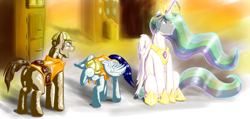 Size: 1600x760 | Tagged: safe, artist:testostepone, princess celestia, soarin', alicorn, pegasus, pony, canterlot, construction pony, explosion, fire, painting, sitting, yelling