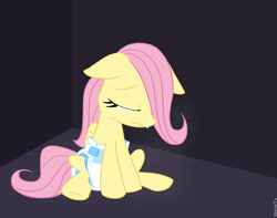 Size: 933x737 | Tagged: safe, artist:redfoxjake, fluttershy, pegasus, pony, crying, diaper, eyes closed, filly, poofy diaper, younger