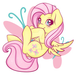 Size: 1024x1024 | Tagged: safe, artist:sellyluvsart, fluttershy, butterfly, pegasus, pony, blushing, chibi, cute, shyabetes, solo, sparkles, watermark