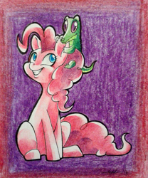 Size: 1384x1663 | Tagged: safe, artist:tiitcha, gummy, pinkie pie, earth pony, pony, female, mare, pink coat, pink mane, traditional art