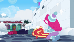 Size: 1920x1080 | Tagged: safe, screencap, pinkie pie, sunset shimmer, better together, equestria girls, holidays unwrapped, ass, balloonbutt, bunset shimmer, butt, clothes, saving pinkie's pie, snow, snowball fight, spoiler, winter outfit