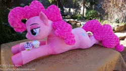 Size: 5312x2988 | Tagged: safe, artist:neysanight, pinkie pie, cupcake, female, food, irl, life size, photo, plushie, prone, solo