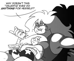 Size: 500x412 | Tagged: safe, artist:tarajenkins, princess celestia, alicorn, pony, amethyst (steven universe), armpits, barely pony related, dialogue, eating, female, jasper (steven universe), mare, monochrome, remote, steven universe