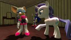 Size: 1366x768 | Tagged: safe, artist:migueruchan, rarity, spike, dragon, pony, unicorn, 3d, crossover, rouge the bat, sonic the hedgehog, sonic the hedgehog (series)