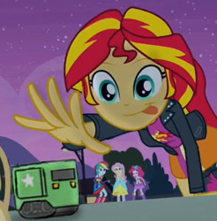 Size: 361x367 | Tagged: safe, edit, edited screencap, screencap, fluttershy, pinkie pie, rainbow dash, sunset shimmer, tank, equestria girls, equestria girls (movie), cropped, exploitable meme, meme, sunset shimmer reaching for things, super tank, tongue out