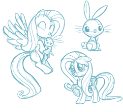 Size: 1059x969 | Tagged: safe, artist:nickdallas, angel bunny, fluttershy, pegasus, pony, hug, monochrome, sketch