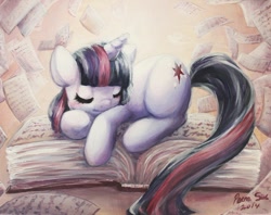 Size: 1004x795 | Tagged: safe, artist:pikku-pichu, derpibooru import, twilight sparkle, adorkable, blushing, book, cute, dork, eyes closed, prone, sleeping, smiling, solo, traditional art