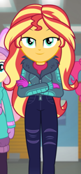 Size: 467x1008 | Tagged: safe, screencap, fluttershy, pinkie pie, sunset shimmer, better together, equestria girls, holidays unwrapped, cropped