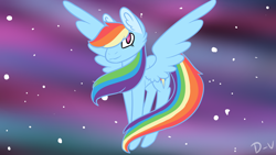 Size: 1366x768 | Tagged: safe, artist:dah-vee, derpibooru import, rainbow dash, pegasus, pony, abstract background, cutie mark, ear fluff, female, hair over one eye, hooves together, looking at you, mare, smiling, solo, spread wings, wings