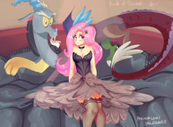 Size: 3000x2200 | Tagged: safe, artist:xjenn9, discord, fluttershy, draconequus, human, fanfic:bride of discord, bare shoulders, blushing, breasts, choker, chokershy, clothes, discoshy, dress, female, humanized, male, shipping, socks, straight, thigh highs