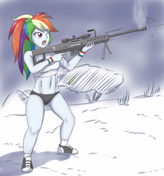 Size: 2657x2853 | Tagged: safe, artist:sumin6301, derpibooru import, rainbow dash, equestria girls, anti-materiel rifle, barrett m82, clothes, converse, female, gun, high res, one eye closed, open mouth, shoes, shooting, socks, solo, weapon