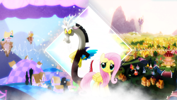 Size: 1920x1080 | Tagged: safe, artist:antylavx, artist:dashiesparkle, edit, discord, fluttershy, draconequus, pegasus, pony, canterlot castle, chaos, discorded landscape, female, male, mare, ponyville, vector, wallpaper, wallpaper edit