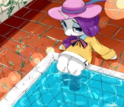 Size: 850x736 | Tagged: safe, artist:modak, rarity, pony, unicorn, clothes, hat, looking at you, smiling, solo, sweater, swimming pool, water