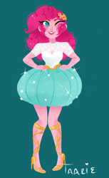 Size: 572x934 | Tagged: safe, artist:endarie, pinkie pie, human, alternate hairstyle, hand on hip, humanized, lineless, simple background, solo