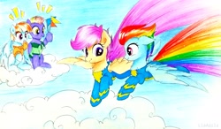 Size: 3974x2322 | Tagged: safe, artist:liaaqila, derpibooru import, bow hothoof, rainbow dash, scootaloo, windy whistles, pegasus, pony, alternate hairstyle, best pony, clothes, cloud, female, flag, flying, heartwarming, male, mare, scootaloo can fly, scootalove, shirt, stallion, sweater, traditional art, uniform, wonderbolts, wonderbolts uniform