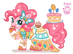 Size: 1024x756 | Tagged: safe, artist:kongyi, pinkie pie, earth pony, pony, cake, candy, clothes, cupcake, dress, eating, food, lollipop, looking at you, macaron, plate, simple background, solo, white background