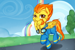 Size: 1200x800 | Tagged: safe, artist:omgproductions, derpibooru import, spitfire, cute, daaaaaaaaaaaw, goggles, nom, plushie, rainbow, wonderbolts uniform