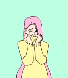 Size: 1300x1500 | Tagged: safe, artist:brownie-un-ni, fluttershy, human, bashful, clothes, cute, humanized, shy, simple background, solo, sweater, sweatershy