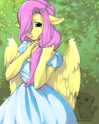 Size: 864x1080 | Tagged: safe, artist:psychoseby, fluttershy, anthro, clothes, dress, floppy ears, hair over one eye, solo
