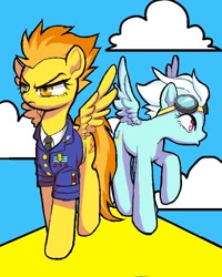 Size: 600x750 | Tagged: safe, artist:susu, derpibooru import, fleetfoot, spitfire, angry, clothes, frown, goggles, necktie, raised hoof, shirt, spread wings, uniform