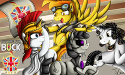 Size: 1250x752 | Tagged: safe, artist:jamescorck, derpibooru import, octavia melody, spitfire, oc, oc:britannia, oc:movie slate, earth pony, pegasus, pony, robot, robot pony, ask britannia, ask firestarter spitfire, ask-robot-octavia, aviator goggles, b.u.c.k., cape, clothes, convention, female, firestarter spitfire, helmet, mare, mascot, robot octavia