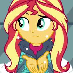 Size: 1080x1080 | Tagged: safe, screencap, sunset shimmer, better together, equestria girls, holidays unwrapped, blizzard or bust, clothes, cropped, cute, fake snow, female, jacket, shimmerbetes, solo, winter outfit