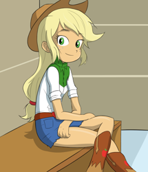 Size: 1030x1200 | Tagged: source needed, safe, artist:baekgup edits, artist:varemia, edit, applejack, equestria girls, boots, clothes, colored, cowboy boots, denim skirt, hat, sitting, skirt, solo