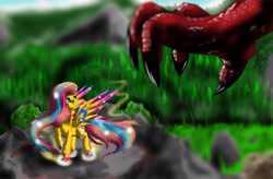 Size: 4950x3240 | Tagged: safe, artist:fairysearch, fluttershy, dragon, pegasus, pony, claws, fight, grass, mountain, rainbow power, rock