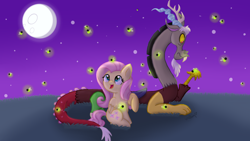 Size: 1280x720 | Tagged: safe, artist:vcm1824, discord, fluttershy, firefly (insect), pegasus, pony, moon, night, prone