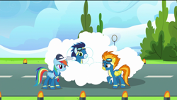 Size: 1920x1080 | Tagged: safe, derpibooru import, screencap, rainbow dash, soarin', spitfire, pegasus, pony, the last problem, clothes, cloud, female, goggles, light, male, mare, rainbow dashs coaching whistle, ring, runway, runway lights, stallion, tree, uniform, wonderbolts, wonderbolts uniform