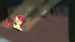 Size: 1920x1080 | Tagged: safe, artist:thetelfeu, derpibooru import, roseluck, forest, rain, rose, solo, wallpaper