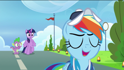 Size: 1920x1080 | Tagged: safe, derpibooru import, screencap, rainbow dash, spike, twilight sparkle, twilight sparkle (alicorn), alicorn, dragon, pegasus, pony, the last problem, cap, cloud, confident, eyes closed, flag, hat, rainbow dashs coaching whistle, ring, runway, runway lights, surprised, tree, winged spike