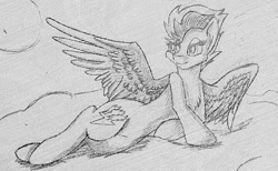 Size: 1280x791 | Tagged: safe, artist:allyclaw, derpibooru import, spitfire, cloud, cloudy, grayscale, monochrome, solo