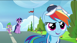 Size: 1920x1080 | Tagged: safe, derpibooru import, screencap, rainbow dash, spike, twilight sparkle, twilight sparkle (alicorn), alicorn, dragon, pegasus, pony, the last problem, cap, clothes, concerned, confident, confused, flag, happy, hat, light, rainbow dashs coaching whistle, runway, runway lights, smiling, tree, uniform, winged spike, wonderbolts uniform