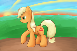 Size: 3000x2000 | Tagged: safe, artist:multiponi, applejack, earth pony, pony, crepuscular rays, hatless, missing accessory, solo, sunset