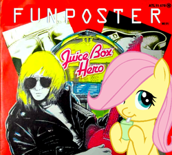 Size: 914x823 | Tagged: safe, edit, fluttershy, pegasus, pony, 80s, album cover, food, foreigner, juice, juice box, music