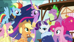 Size: 1920x1080 | Tagged: safe, derpibooru import, edit, edited screencap, screencap, applejack, fluttershy, pinkie pie, princess twilight 2.0, rainbow dash, rarity, spike, twilight sparkle, twilight sparkle (alicorn), alicorn, dragon, earth pony, pegasus, pony, unicorn, the last problem, cape, clothes, crown, eyebags edit, eyes closed, flower, flower in hair, flying, gigachad spike, granny smith's scarf, happy, jacket, jewelry, lidded eyes, mane seven, mane six, older, older applejack, older fluttershy, older pinkie pie, older rainbow dash, older rarity, older spike, out of context, regalia, removed eyebag edit, smiling, winged spike