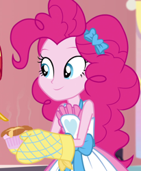 Size: 890x1080 | Tagged: safe, screencap, pinkie pie, sunset shimmer, better together, equestria girls, holidays unwrapped, apron, bow, clothes, cropped, female, food, hair bow, kitchen, saving pinkie's pie, skirt, sleeveless, smiling, souffle