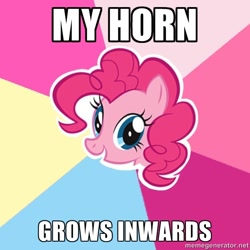 Size: 600x600 | Tagged: safe, pinkie pie, earth pony, pony, unicorn, image macro, inwards horn, meme, this explains everything, unicorn pinkie pie