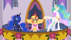 Size: 700x394 | Tagged: safe, artist:xebck, edit, edited screencap, screencap, princess celestia, princess luna, sunset shimmer, alicorn, pony, equestria girls, magical mystery cure, the last problem, alicornified, alternate universe, big crown thingy, clothes, coronation dress, crown, cute, dress, element of magic, front, jewelry, looking at you, race swap, regalia, shimmerbetes, shimmercorn, smiling, tiara