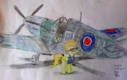 Size: 1024x648 | Tagged: safe, artist:blueboxdave, derpibooru import, spitfire, aircraft, namesake, plane, pose, solo, sunglasses, supermarine spitfire, traditional art