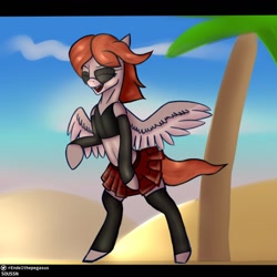 Size: 1000x1000 | Tagged: safe, artist:endelthepegasus, oc, oc only, oc:flappy smile, pegasus, pony, belly button, clothes, eyes closed, female, mare, open mouth, palm tree, pleated skirt, sand, skirt, socks, solo, spread wings, sunglasses, thigh highs, top, tree, wings