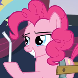 Size: 374x375 | Tagged: safe, screencap, pinkie pie, earth pony, pony, the mane attraction, fernando the straw, harness, straw