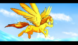 Size: 2400x1400 | Tagged: safe, artist:blackdema, derpibooru import, spitfire, goggles, large wings, solo, splashing, spread wings, water